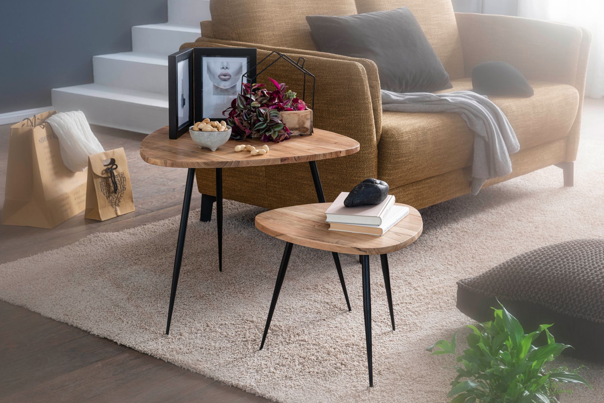 FineBuy Satztisch Massiv 2er Set Beistelltisch Tisch Holz Metall Couchtisch – Ansicht 2
