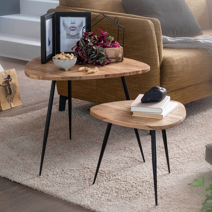 FineBuy 2er Set Satztisch Akazie Massivholz / Metall Couchtisch Klein, Design Beistelltisch Set Zwei Holz-Tische, Wohnzimmertisch Tisch Metallgestell 4250950295308