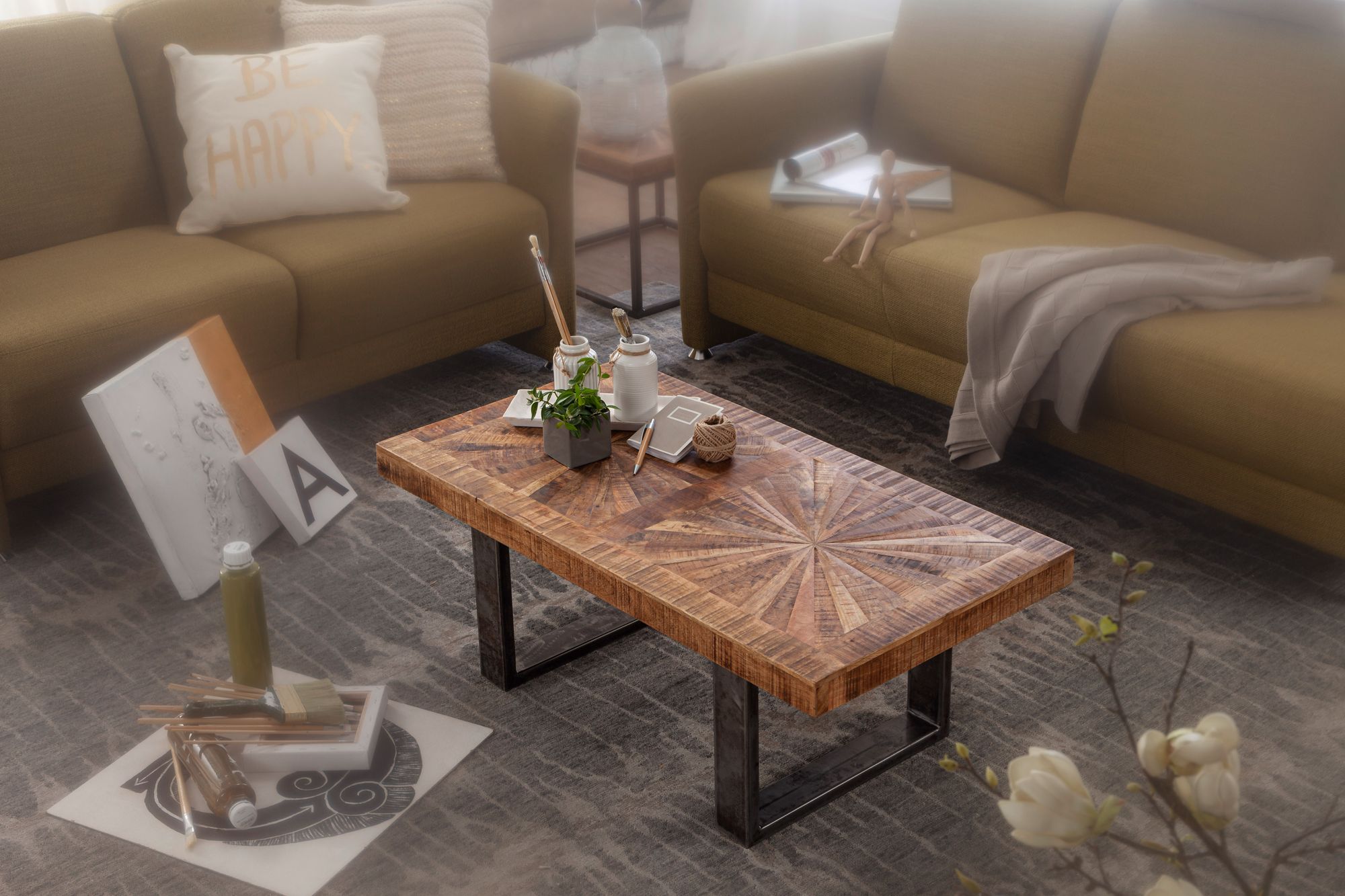 Couchtisch Massivholz 105x55 cm rechteckig Wohnzimmertisch Industrial Design – Ansicht 2