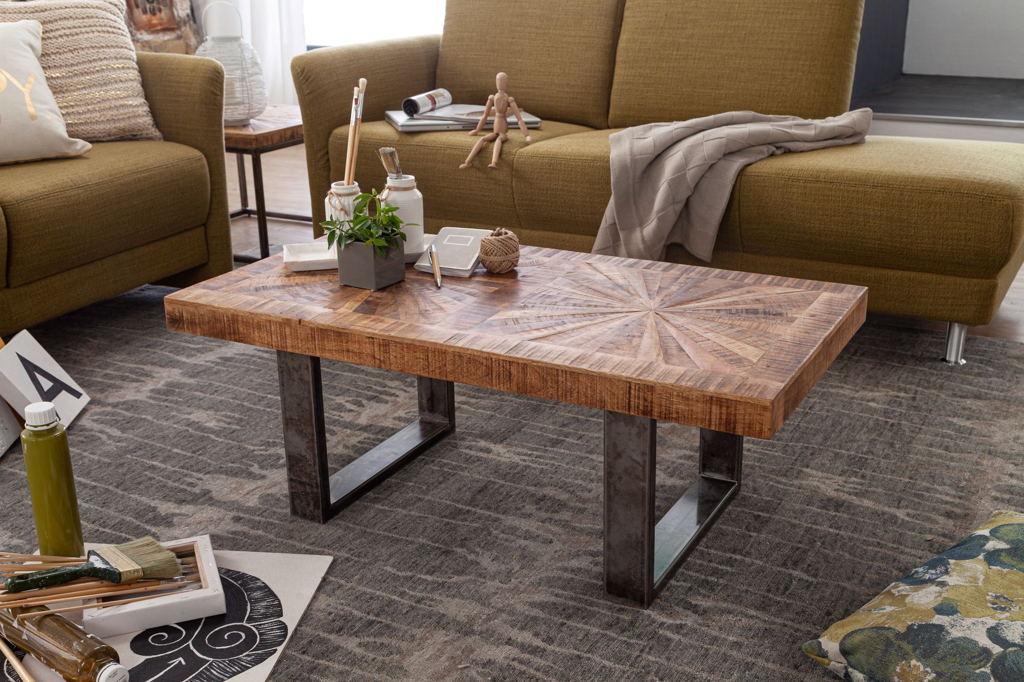 Couchtisch Massivholz 105x55 cm rechteckig Wohnzimmertisch Industrial Design – Ansicht 4