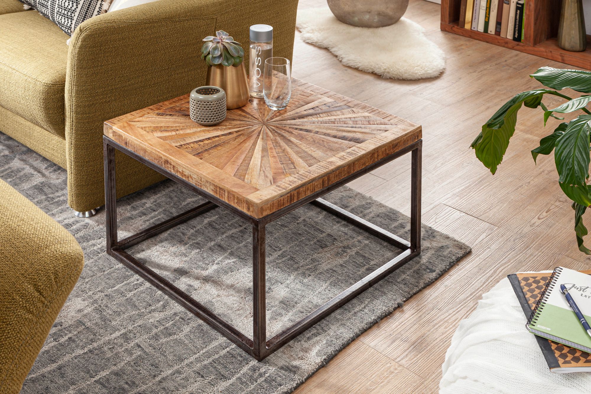 Couchtisch Massivholz quadratisch 55cm Wohnzimmertisch Metallgestell Industrial – Ansicht 2