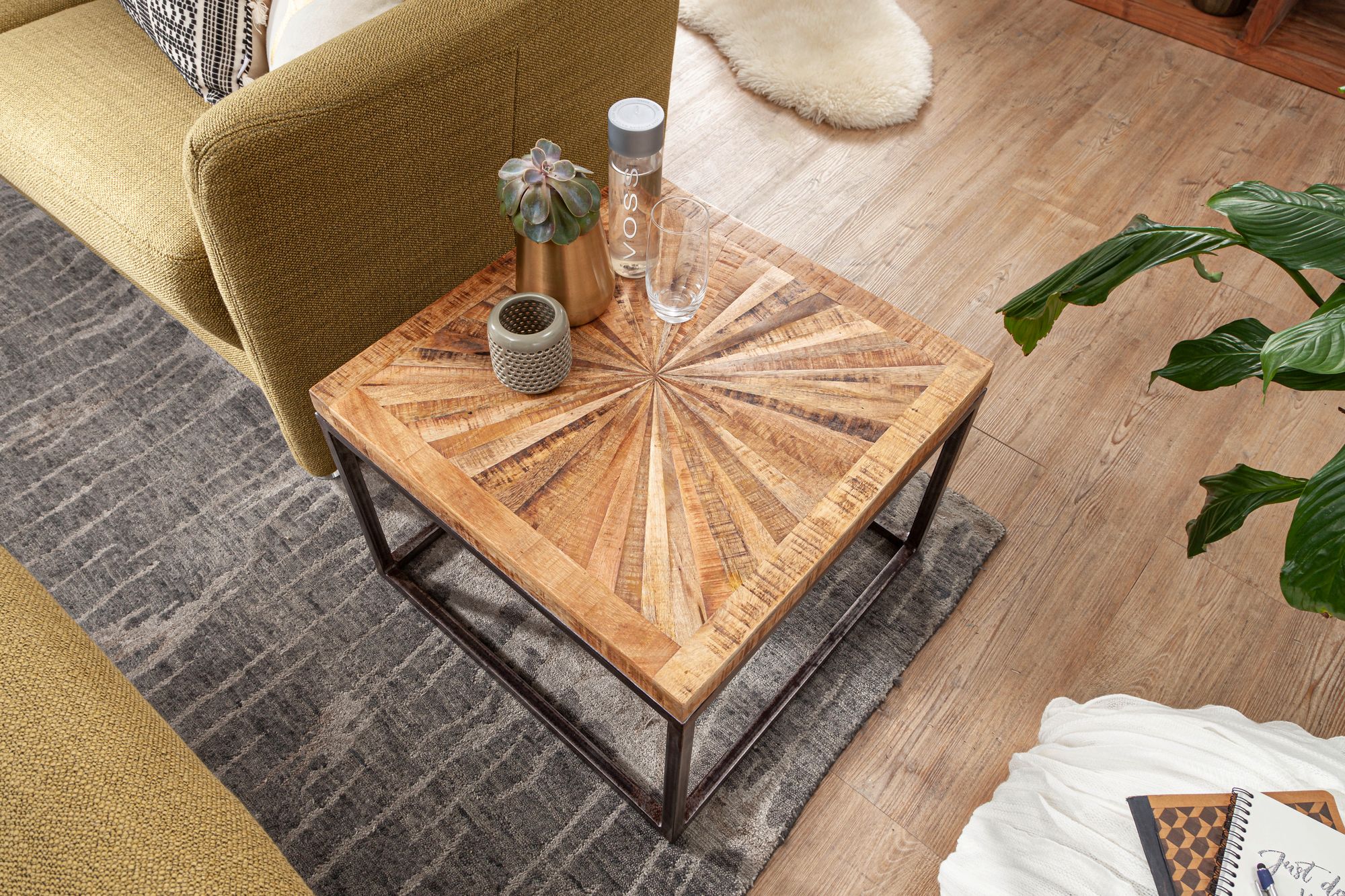 Couchtisch Massivholz quadratisch 55cm Wohnzimmertisch Metallgestell Industrial – Ansicht 4