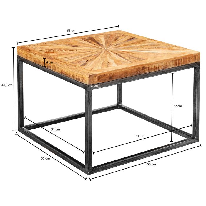 Couchtisch Massivholz quadratisch 55cm Wohnzimmertisch Metallgestell Industrial – Maßzeichnung