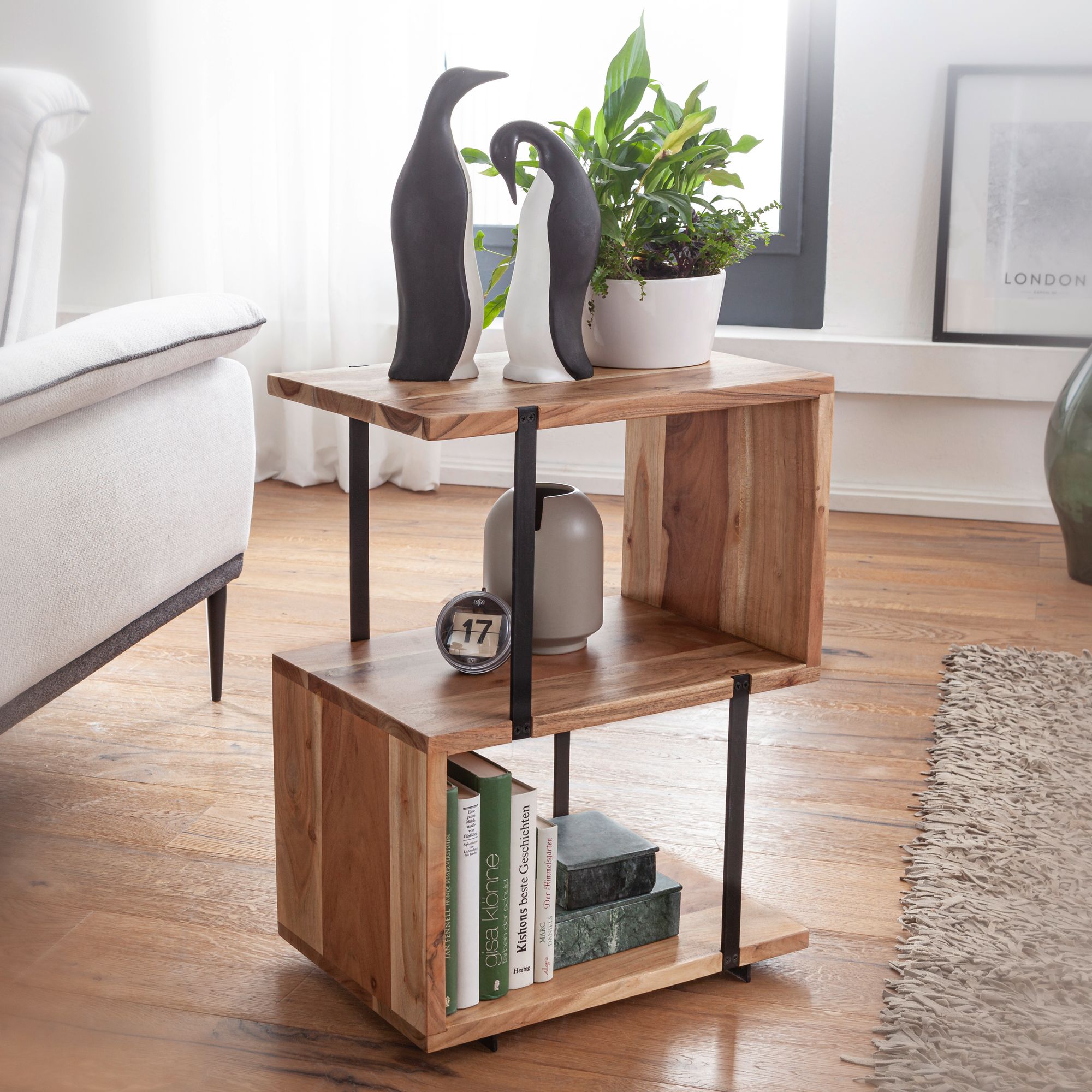 FineBuy Beistelltisch S-From 45x60x30 cm Akazie Dekotisch Sofatisch Holz Metall – Ansicht 1