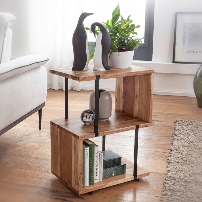 FineBuy Beistelltisch S-Form 45x60x30cm Akazie Metall Ablagetisch, Tischchen Wohnzimmer Industrial, Holztisch mit Metallbeinen, Dekotisch Holz