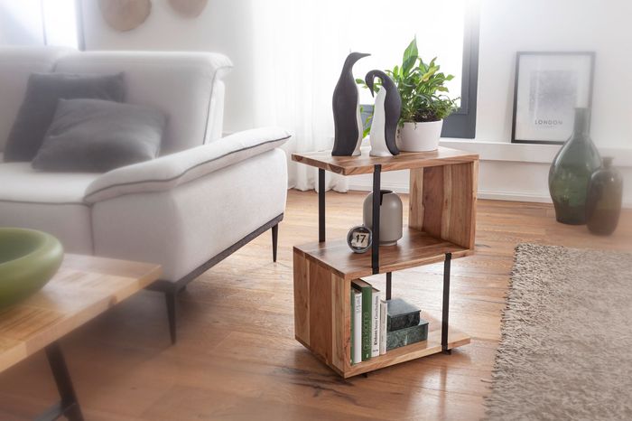 FineBuy Beistelltisch S-Form 45x60x30cm Akazie Metall Ablagetisch, Tischchen Wohnzimmer Industrial, Holztisch mit Metallbeinen, Dekotisch Holz