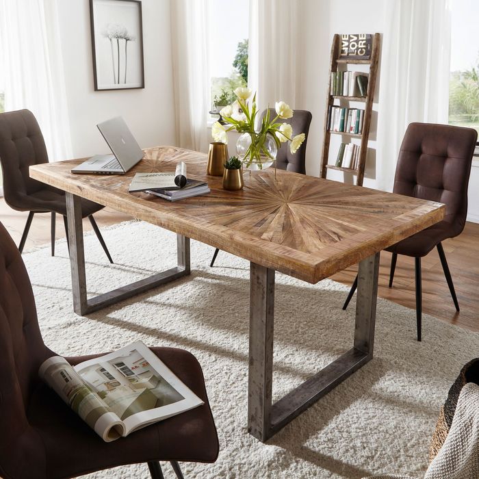 FineBuy Esstisch Mango Massivholz Küchentisch, Esszimmertisch Loft Natur, Holztisch Massiv mit Metallgestell, Industrial Tisch 22362