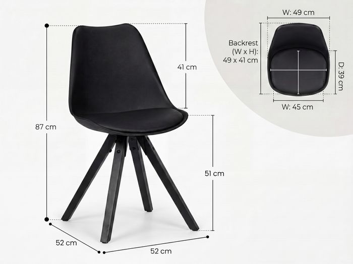 FineBuy 2er Set Esszimmerstuhl Kunstleder Polsterstuhl Küchenstuhl Skandinavisch – Maßzeichnung