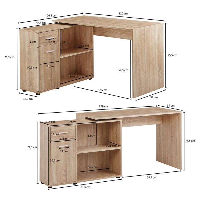 FineBuy Schreibtisch Computer Eckschreibtisch Bürotisch Regal Winkel PC Tisch – Maßzeichnung