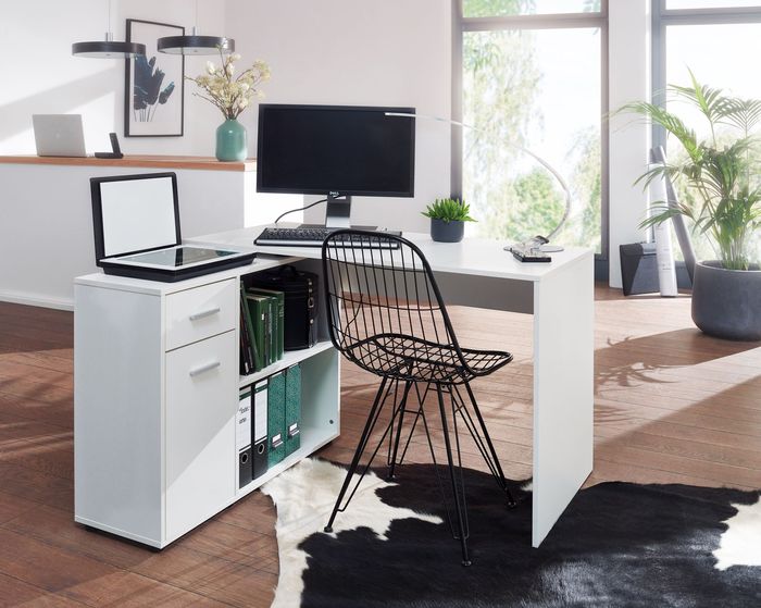 FineBuy Design Eckschreibtisch mit Regal 120 x 75,5 x 106,5 cm, Moderner Büro-Schreibtisch, Computer-Tisch Arbeitszimmer, Winkelschreibtisch Home Office
