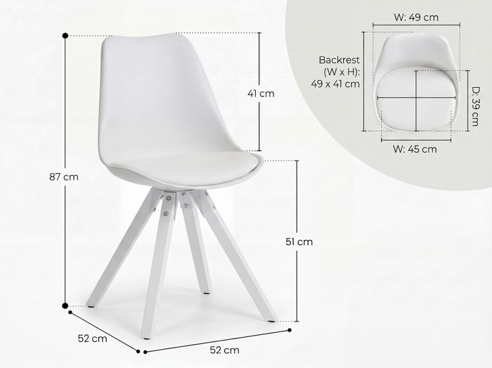 2er Set Retro Esszimmerstuhl Weiße Beine Polsterstuhl Küchenstuhl Kunstleder – Maßzeichnung