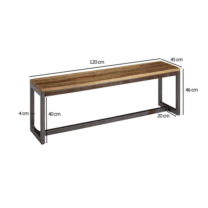 FineBuy Esszimmerbank Mango Massivholz 120x46x45 cm Holzbank Essbank ohne Lehne – Maßzeichnung