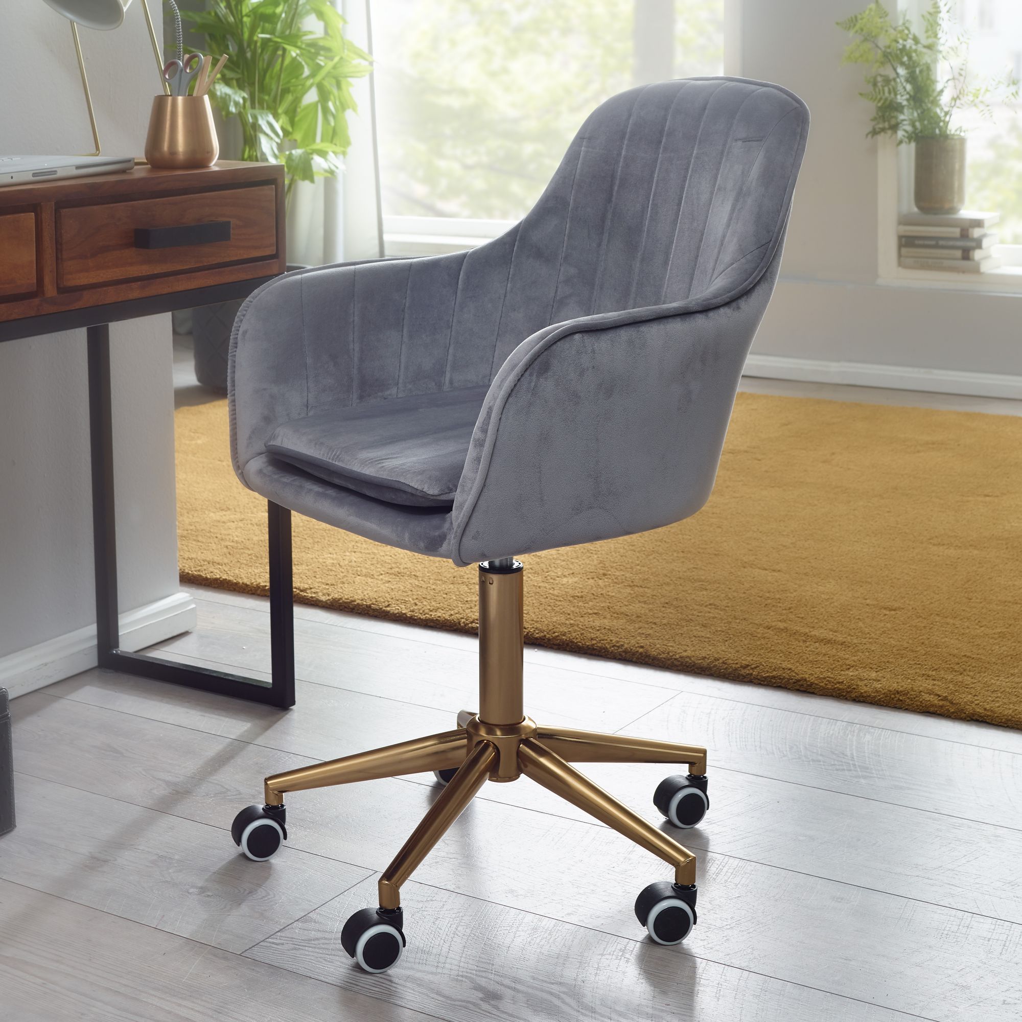 FineBuy Schreibtischstuhl Samt Drehstuhl mit Lehne 120 kg Schalenstuhl Stuhl – Ansicht 1