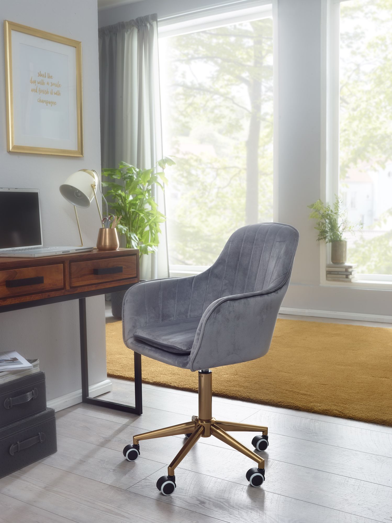FineBuy Schreibtischstuhl Samt Drehstuhl mit Lehne 120 kg Schalenstuhl Stuhl – Ansicht 2