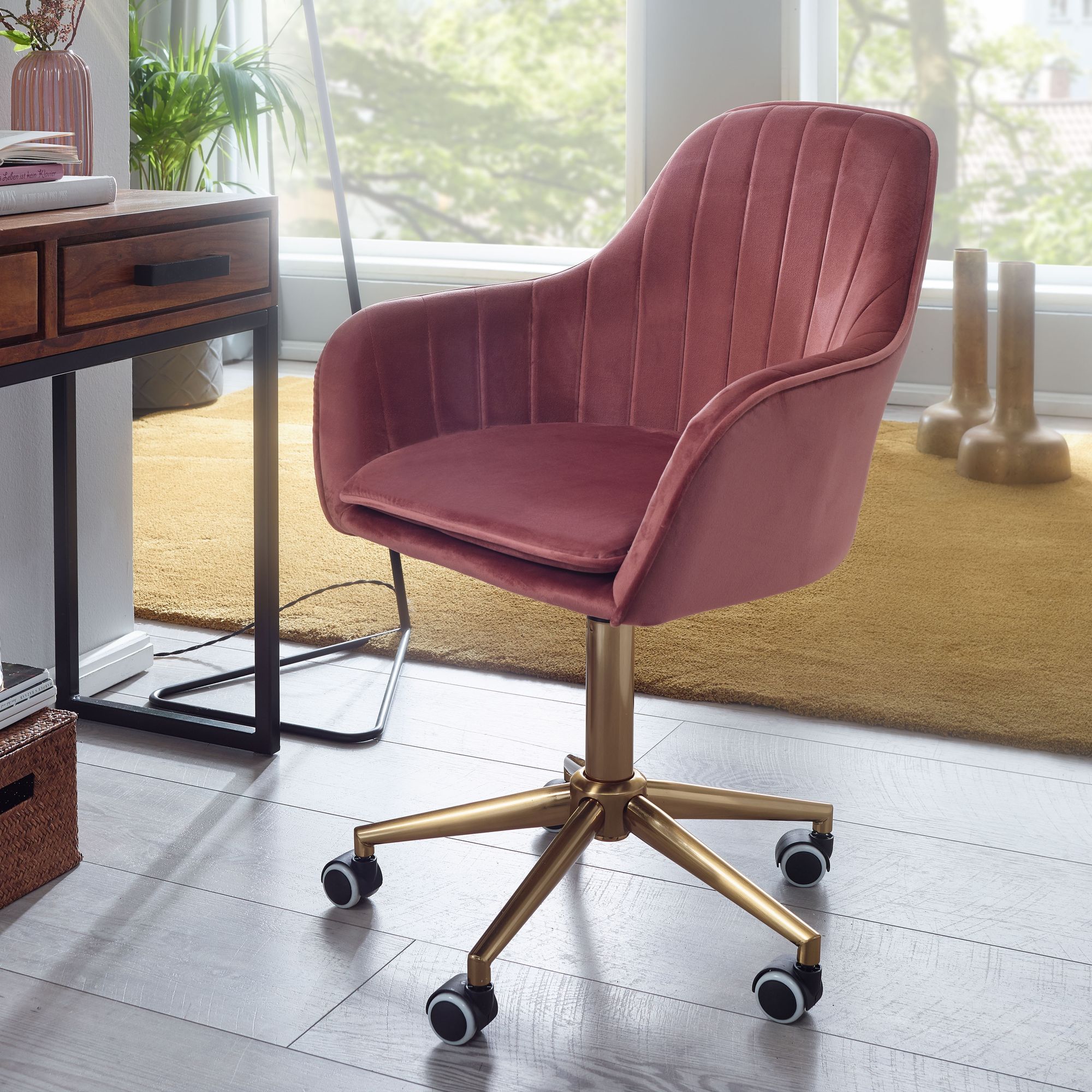 FineBuy Schreibtischstuhl Samt Drehstuhl mit Lehne 120 kg Schalenstuhl Stuhl – Ansicht 1