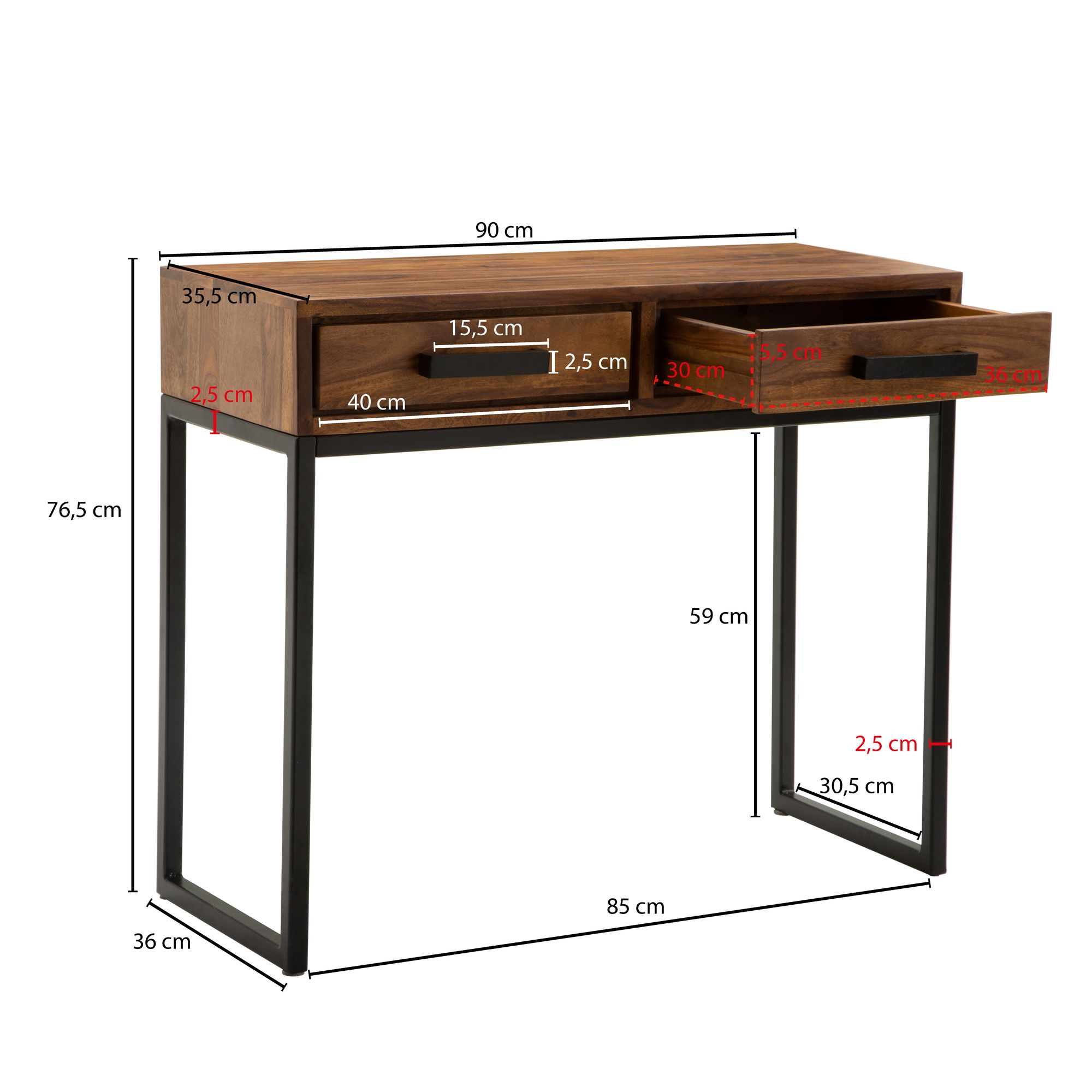FineBuy Konsolentisch Sheesham Massivholz 90x76x36 cm Flurtisch Anrichte Schmal – Ansicht 3