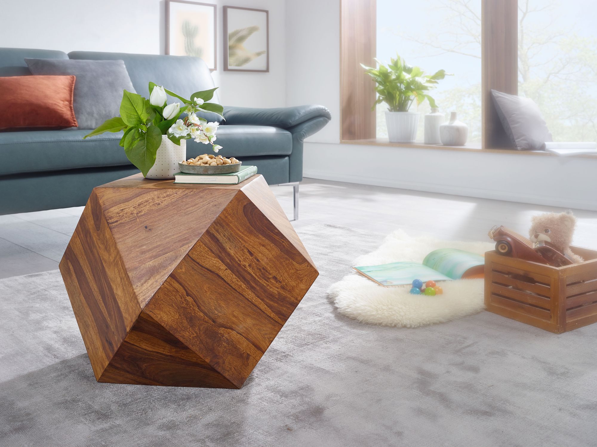 FineBuy Couchtisch 57 x 42,5 x 57 cm Massivholz Sofatisch Wohnzimmertisch Tisch – Ansicht 2
