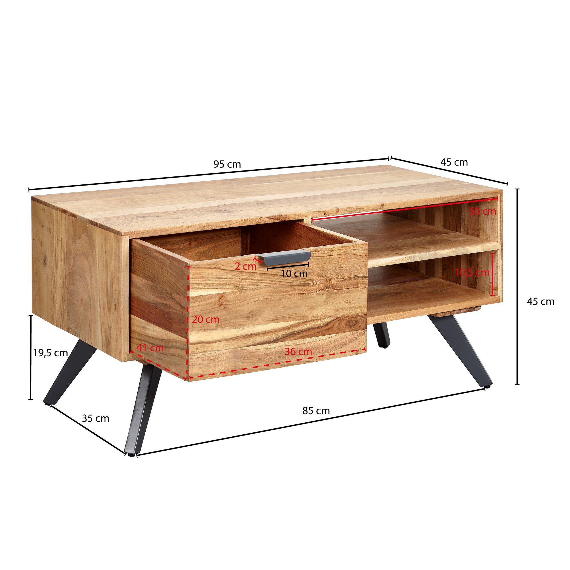 Couchtisch Massivholz 95cm Wohnzimmertisch rechteckig Schublade Industrial – Ansicht 3