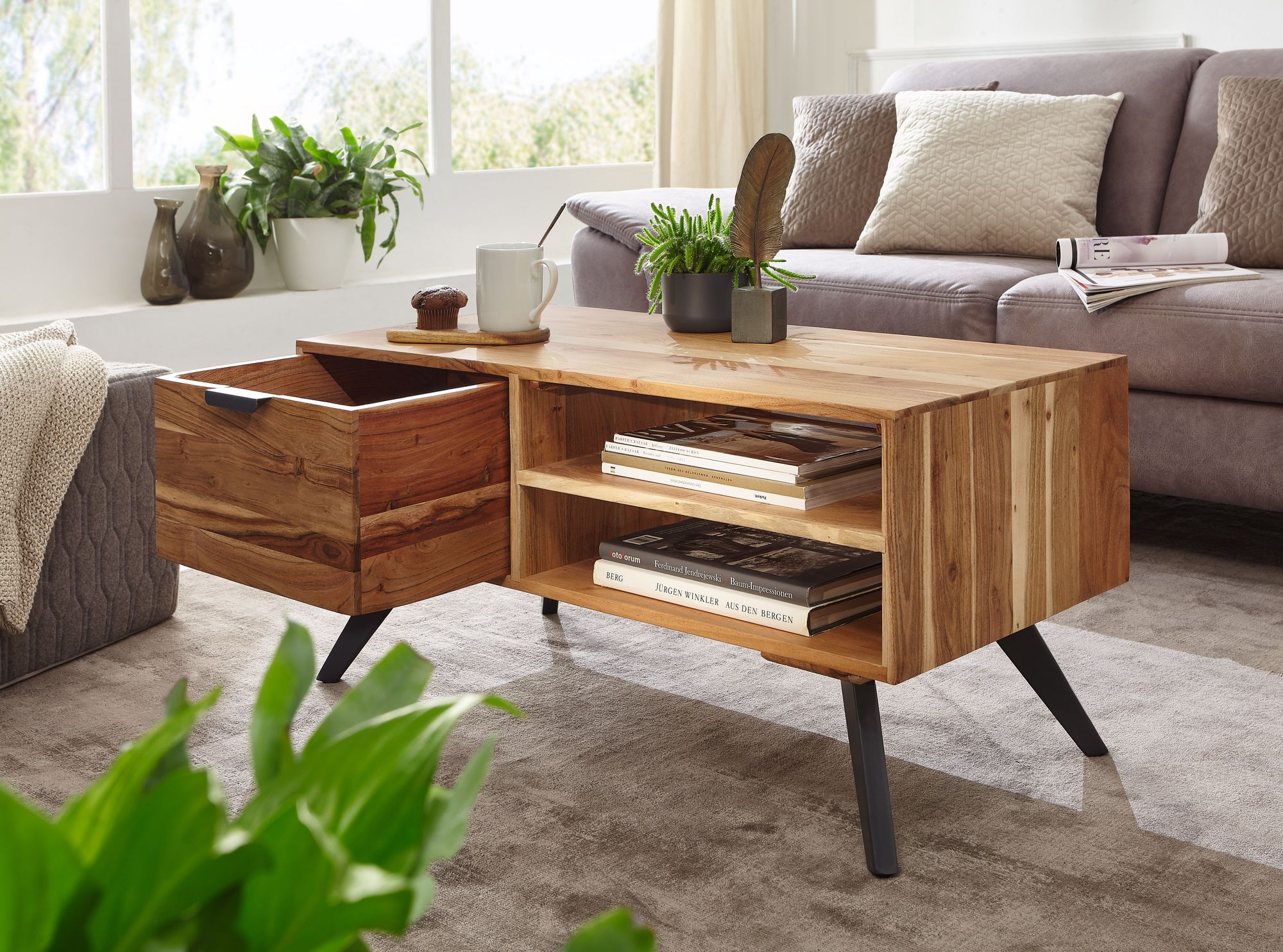 Couchtisch Massivholz 95cm Wohnzimmertisch rechteckig Schublade Industrial – Ansicht 5