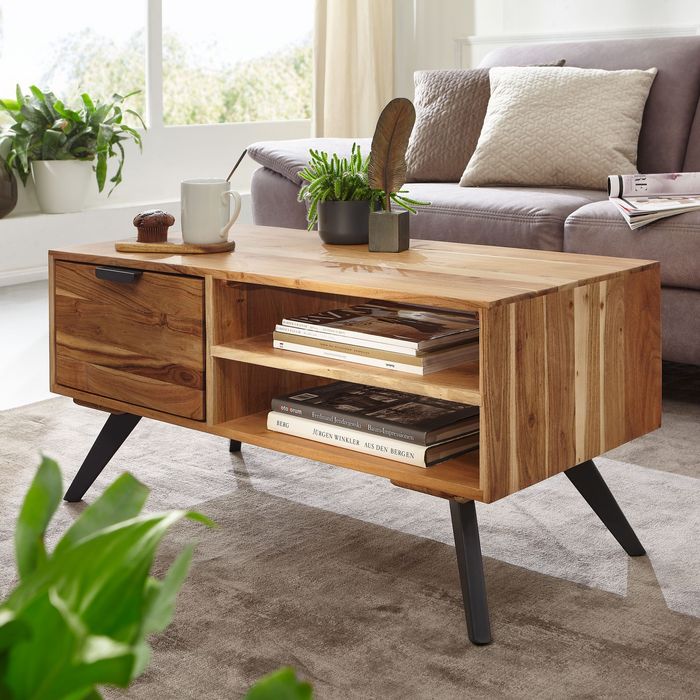 Couchtisch Massivholz 95cm Wohnzimmertisch rechteckig Schublade Industrial