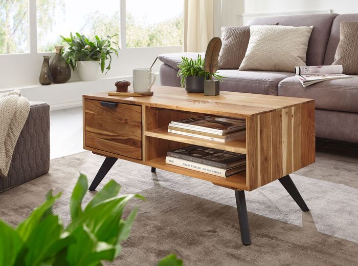 FineBuy Couchtisch 95x45x45 cm Akazie Wohnzimmertisch Massivholz Rechteckig, Holztisch mit Stauraum, Sofatisch mit Schublade, Tisch Wohnzimmer Massiv 4250950299474