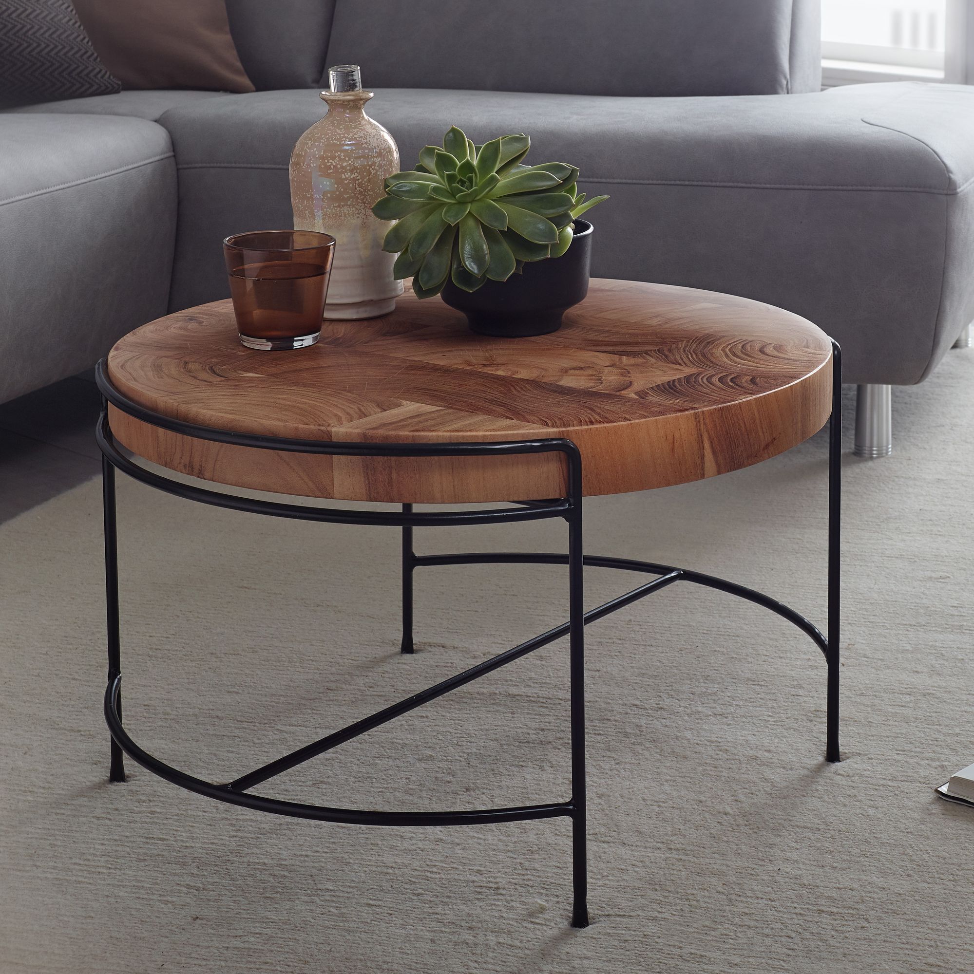 FineBuy Couchtisch Akazie Massivholz rund 62 cm Wohnzimmertisch Baumscheibe – Ansicht 1