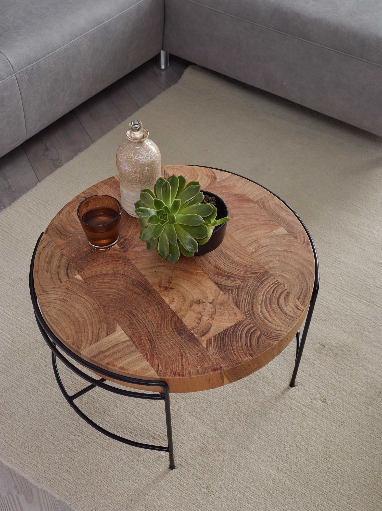 FineBuy Couchtisch Akazie Massivholz rund 62 cm Wohnzimmertisch Baumscheibe – Ansicht 4