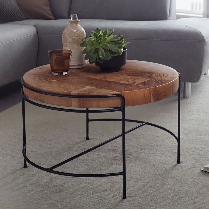 FineBuy Couchtisch 62x40x62 cm Sofatisch Akazie Massivholz / Metall, Wohnzimmertisch Rund mit Metallbeinen, Kleiner Designer Tisch Massiv, Holztisch Wohnzimmer Industrial 4250950299535