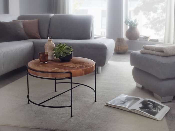 FineBuy Couchtisch 62x40x62 cm Sofatisch Akazie Massivholz / Metall, Wohnzimmertisch Rund mit Metallbeinen, Kleiner Designer Tisch Massiv, Holztisch Wohnzimmer Industrial 4250950299535