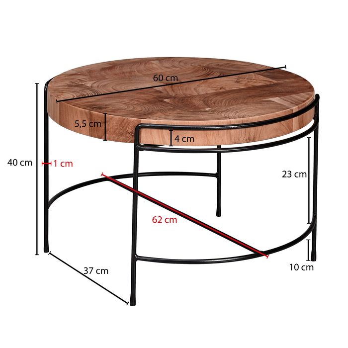 FineBuy Couchtisch Akazie Massivholz rund 62 cm Wohnzimmertisch Baumscheibe – Maßzeichnung