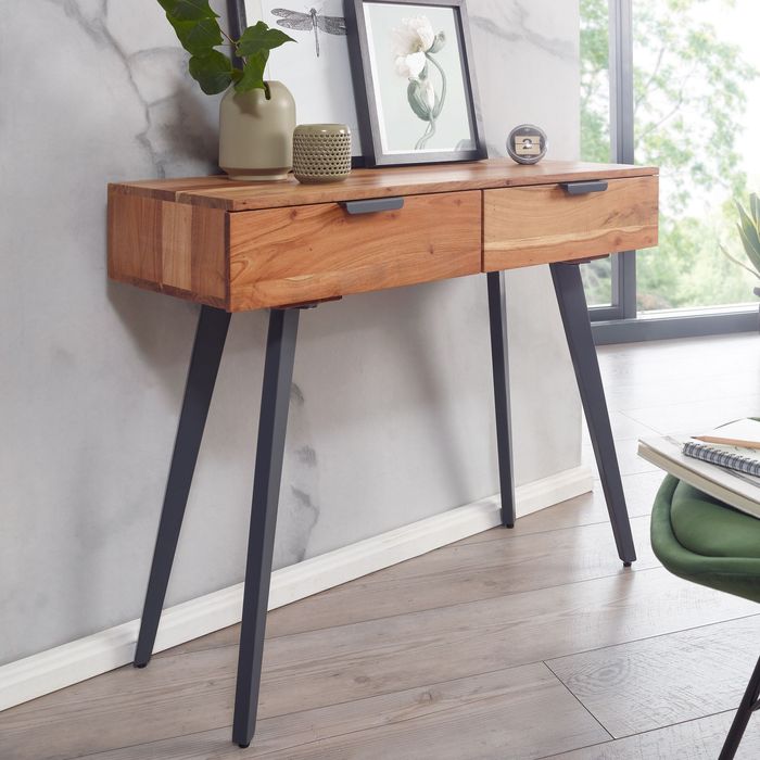 FineBuy Konsolentisch 90 x 78 x 36 cm Akazie Massivholz / Metall Konsole mit Schubladen, Kleiner Schreibtisch mit Metallbeinen, Schminktisch Anrichte Modern, Flurtisch Massiv 4250950299801