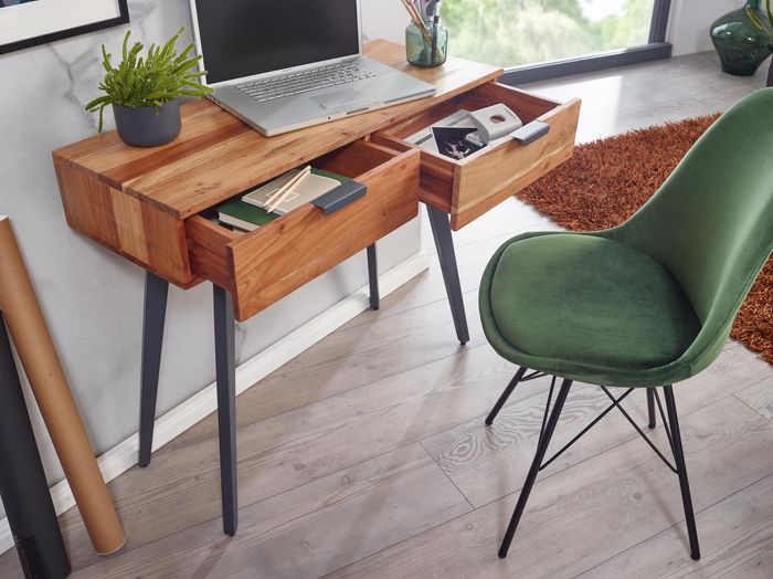 FineBuy Konsolentisch 90 x 78 x 36 cm Akazie Massivholz / Metall Konsole mit Schubladen, Kleiner Schreibtisch mit Metallbeinen, Schminktisch Anrichte Modern, Flurtisch Massiv 4250950299801