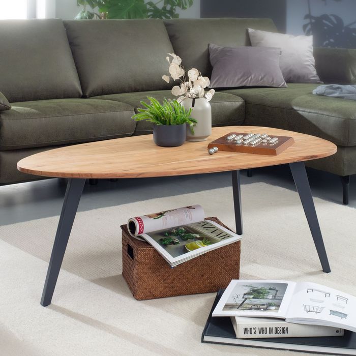 FineBuy Couchtisch Akazie Massivholz 110 x 45 x 60 cm Wohnzimmertisch Nierenform, Sofatisch Modern Holztisch, Tisch Wohnzimmer Holz/Metall