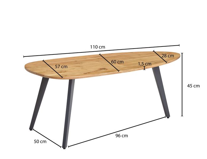 FineBuy Couchtisch Akazie Massivholz oval 110 cm · Wohnzimmertisch in Nierenform – Maßzeichnung