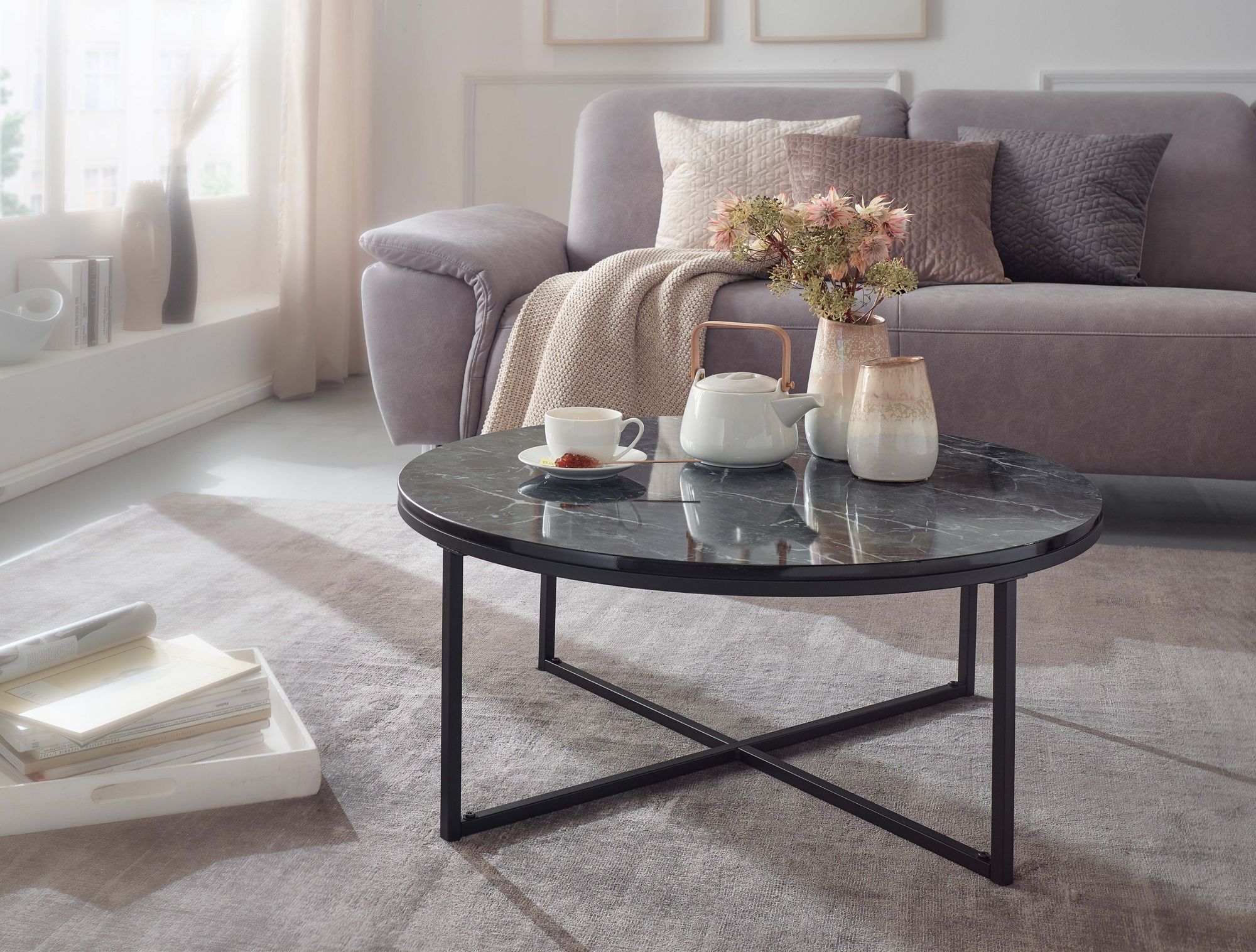 FineBuy Design Couchtisch Marmor Optik Wohnzimmertisch Ø 80 cm Tisch Rund Metall – Ansicht 2