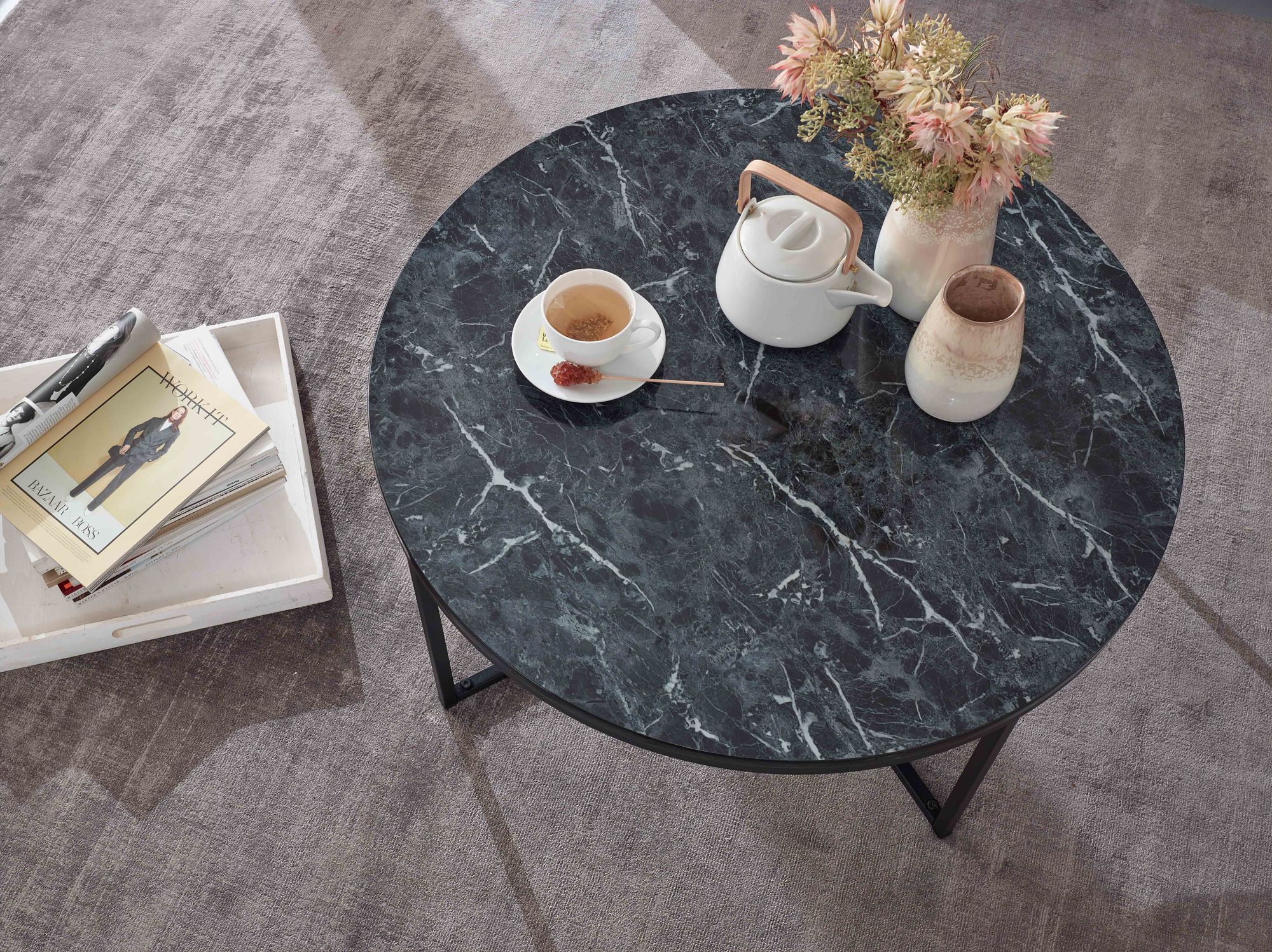 FineBuy Design Couchtisch Marmor Optik Wohnzimmertisch Ø 80 cm Tisch Rund Metall – Ansicht 4