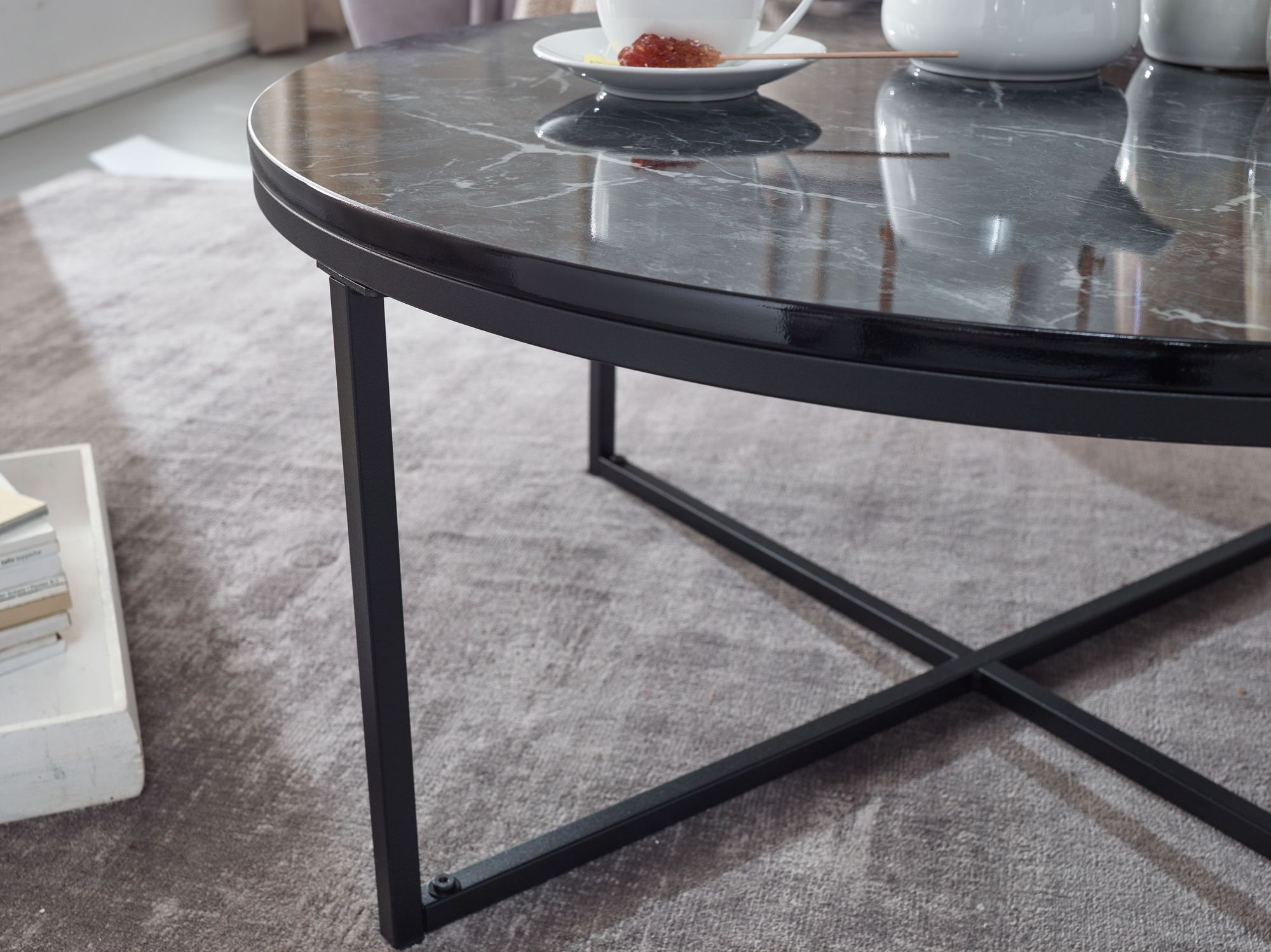 FineBuy Design Couchtisch Marmor Optik Wohnzimmertisch Ø 80 cm Tisch Rund Metall – Ansicht 5