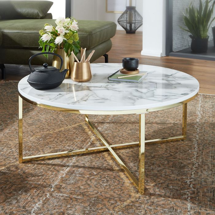 FineBuy Design Couchtisch Marmor Optik Wohnzimmertisch Ø 80 cm Tisch Rund Metall