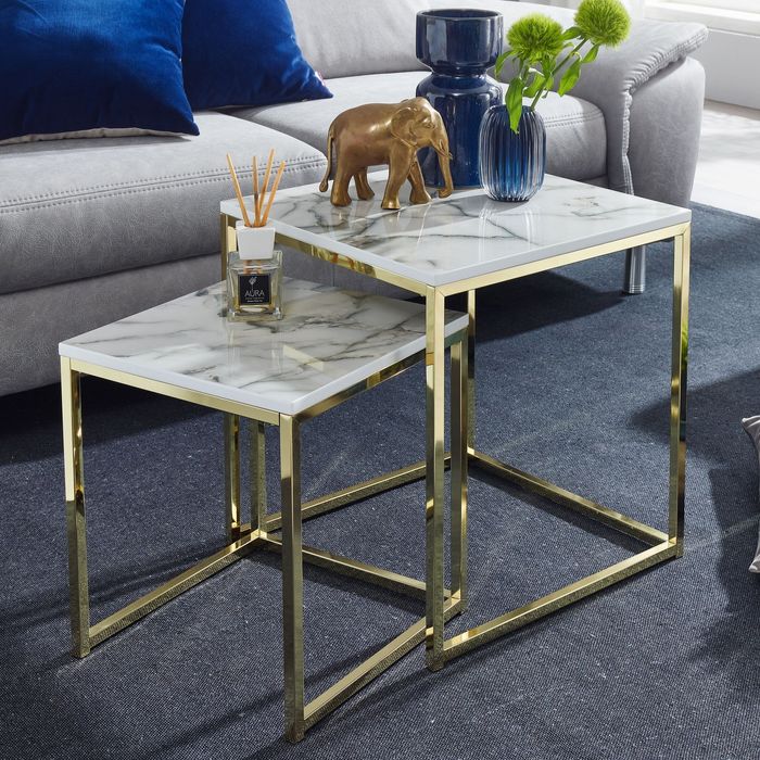FineBuy Beistelltisch 2er Set Couchtisch Marmor Optik Wohnzimmertisch Eckig