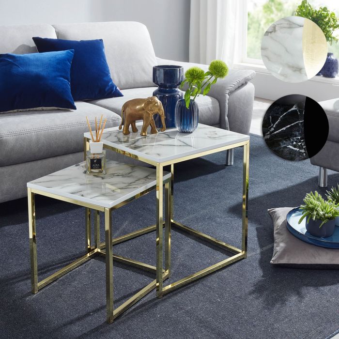 FineBuy Design Beistelltisch 2er Set Marmor Optik Eckig, Couchtisch 2-teilig Tischgestell Metall, Kleine Wohnzimmertische, Moderne Satztische Quadratisch