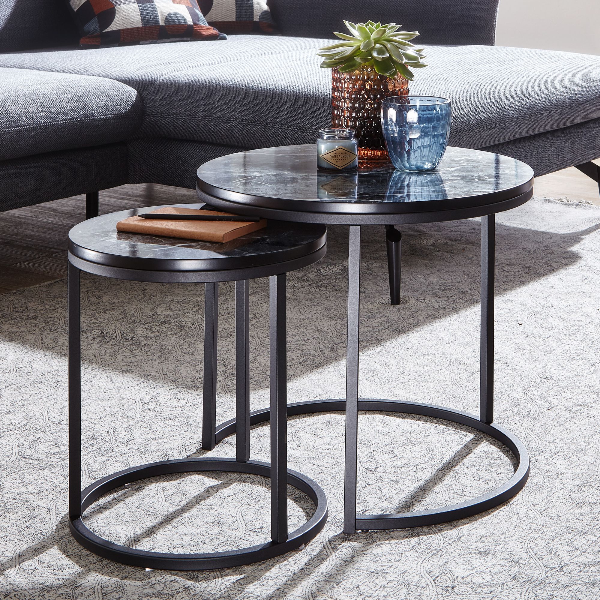 FineBuy Beistelltisch 2er Set Couchtisch Marmor Optik Wohnzimmertisch Rund Tisch – Ansicht 1