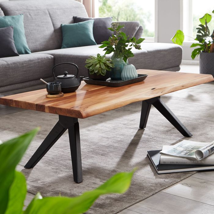 FineBuy Couchtisch 115x37x64 cm Akazie Massivholz / Metall Baumkante, Design Sofatisch Eckig, Stubentisch Industrial Braun, Wohnzimmertisch Holz Rechteckig