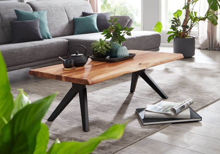 FineBuy Couchtisch 115x37x64 cm Akazie Massivholz / Metall Baumkante, Design Sofatisch Eckig, Stubentisch Industrial Braun, Wohnzimmertisch Holz Rechteckig
