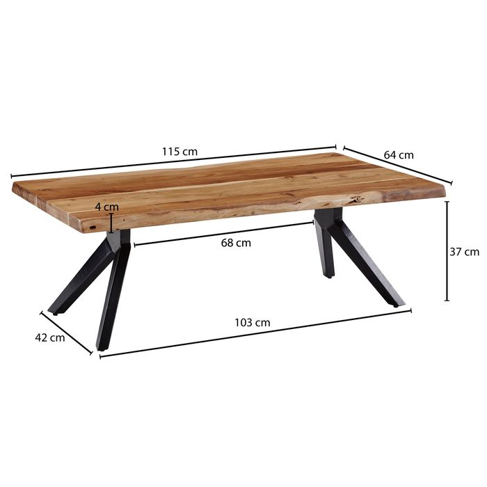 Couchtisch Akazie Massivholz 115cm Wohnzimmertisch Baumkante V-Gestell Schwarz – Maßzeichnung