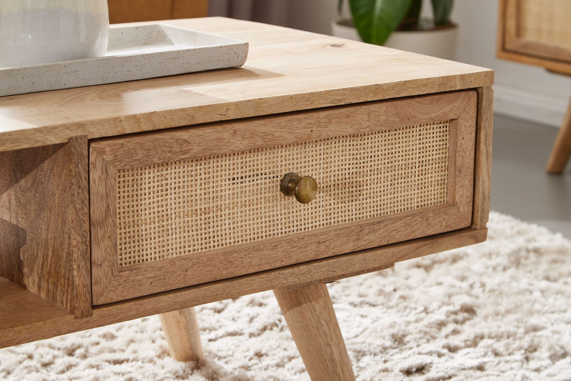 Couchtisch FineBuy Sofatisch 90 cm Massivholz Rattan Wohnzimmertisch Schublade – Ansicht 4