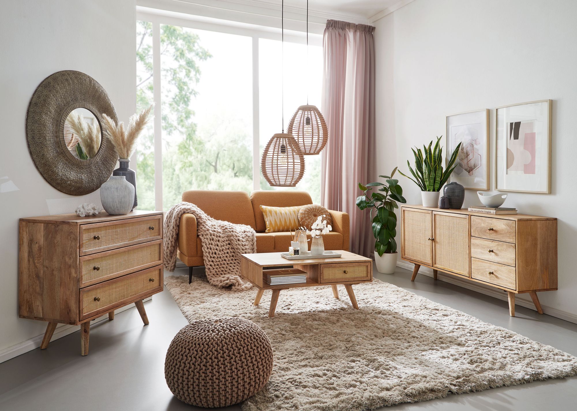 Couchtisch FineBuy Sofatisch 90 cm Massivholz Rattan Wohnzimmertisch Schublade – Ansicht 6