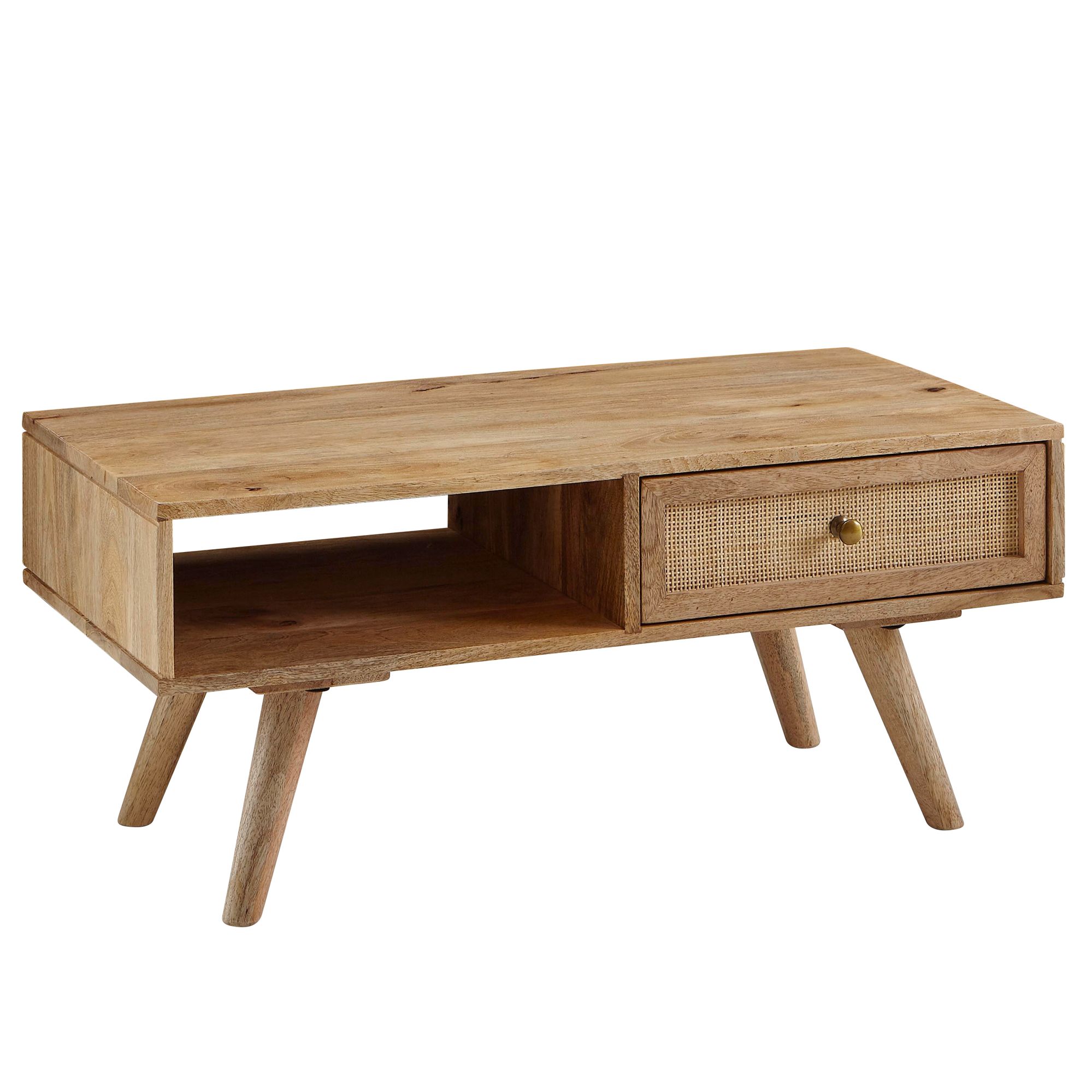 Couchtisch FineBuy Sofatisch 90 cm Massivholz Rattan Wohnzimmertisch Schublade – Ansicht 7