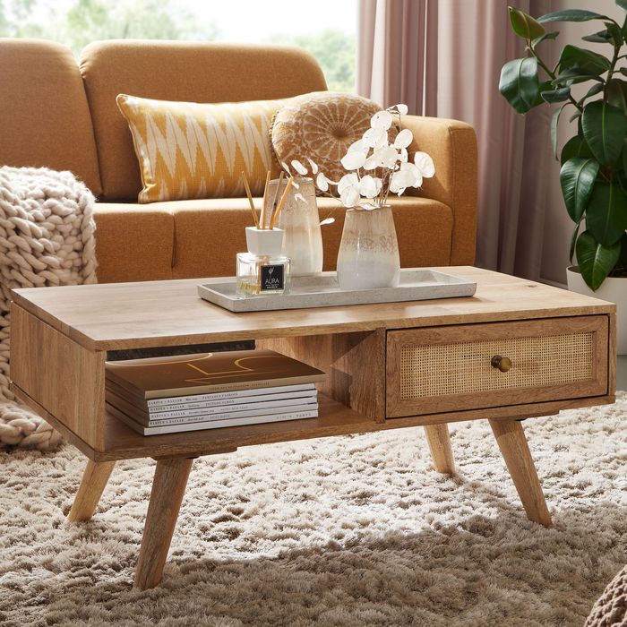 FineBuy Couchtisch 90x40x45 cm Mango Massivholz / Rattan Wohnzimmertisch Rechteckig, Holztisch mit Stauraum, Sofatisch mit Schublade, Tisch Wohnzimmer Massiv Rohrgeflecht 4251757700552