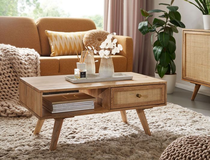 FineBuy Couchtisch 90x40x45 cm Mango Massivholz / Rattan Wohnzimmertisch Rechteckig, Holztisch mit Stauraum, Sofatisch mit Schublade, Tisch Wohnzimmer Massiv Rohrgeflecht 4251757700552
