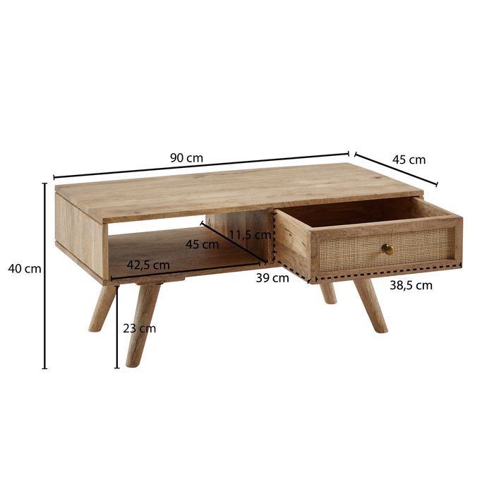 Couchtisch FineBuy Sofatisch 90 cm Massivholz Rattan Wohnzimmertisch Schublade – Maßzeichnung